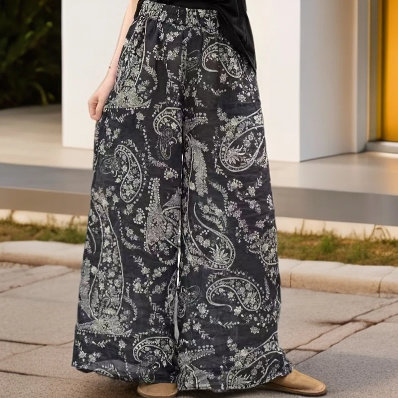 2025（艾美）女士苎麻单层印花阔腿裤——休闲时尚夏季满印百搭潮流