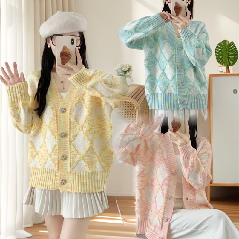 韩版软糯菱格针织毛衣开衫外套800*