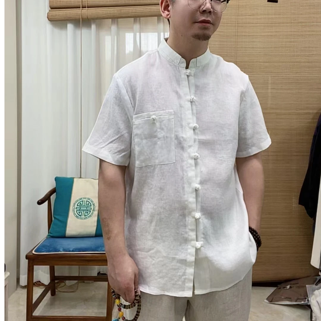 纯亚麻七分半袖衬衫纯亚麻100%亚麻男短袖夏季唐装衬衫套装男士