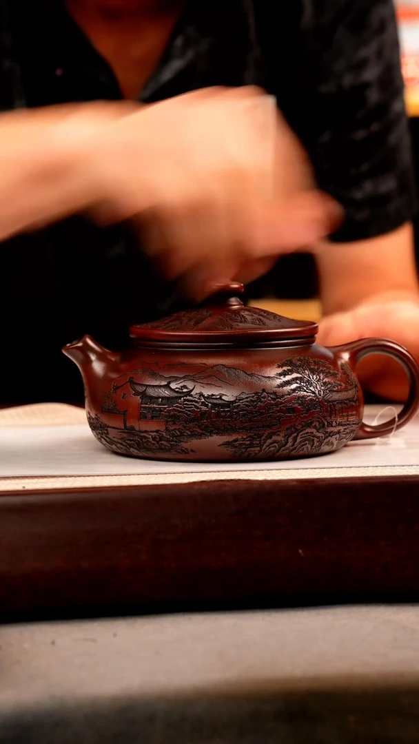 茶壶紫砂铁皮石红 大寒江 刻绘