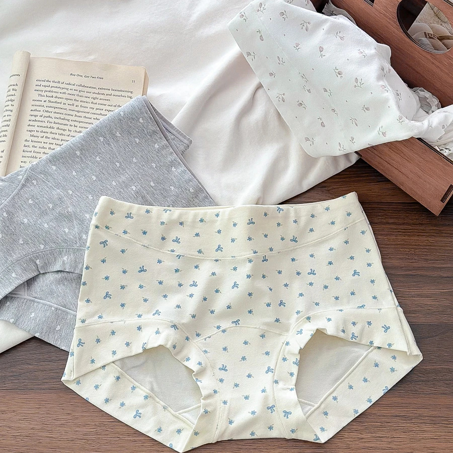 探路猫韩气碎花BM收腹平角防走光女内裤中高腰女内裤加长裆有大码