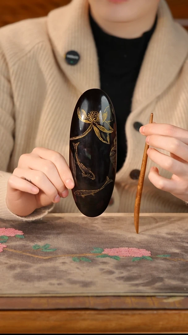 古沉金丝楠手绘戗金工艺茶则两件套