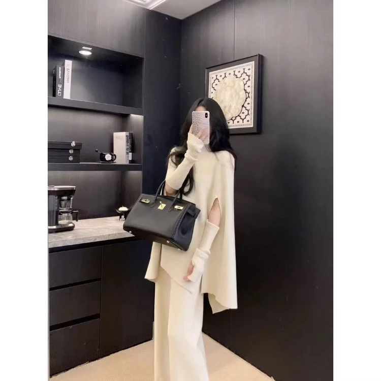 秋冬时尚设计感欧货慵懒风高级感蝙蝠衫上衣+袖套+直筒裤三件套潮