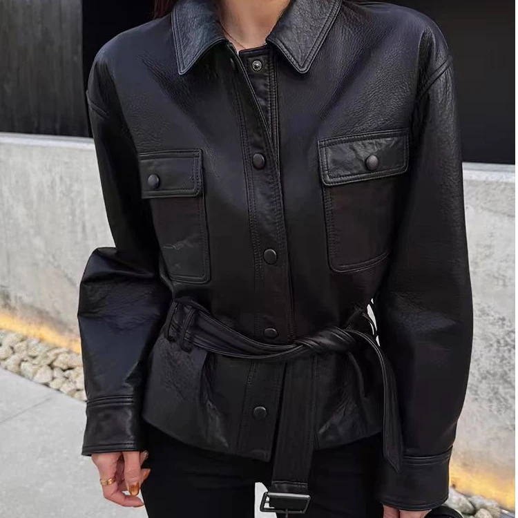 25新款复古绵羊皮外套女春季设计感收腰显瘦短款夹克