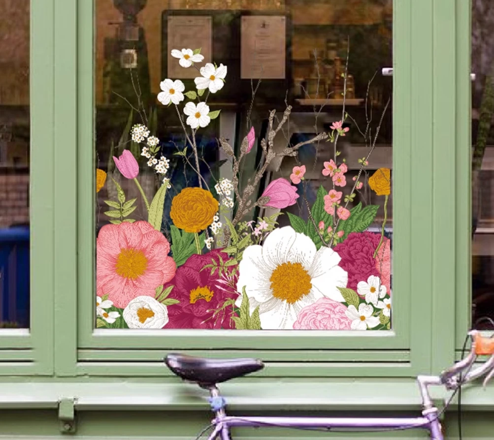 卡通花卉鲜花店玻璃门贴纸商场店铺酒店橱窗装饰窗花布置静电贴纸