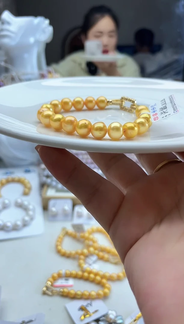 未镶嵌淡水珍珠手链9mm+金珠手链