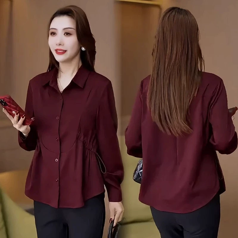 Polo领长袖衬衫女设计感收腰2025春秋新款韩版气质时尚休闲衬衣服