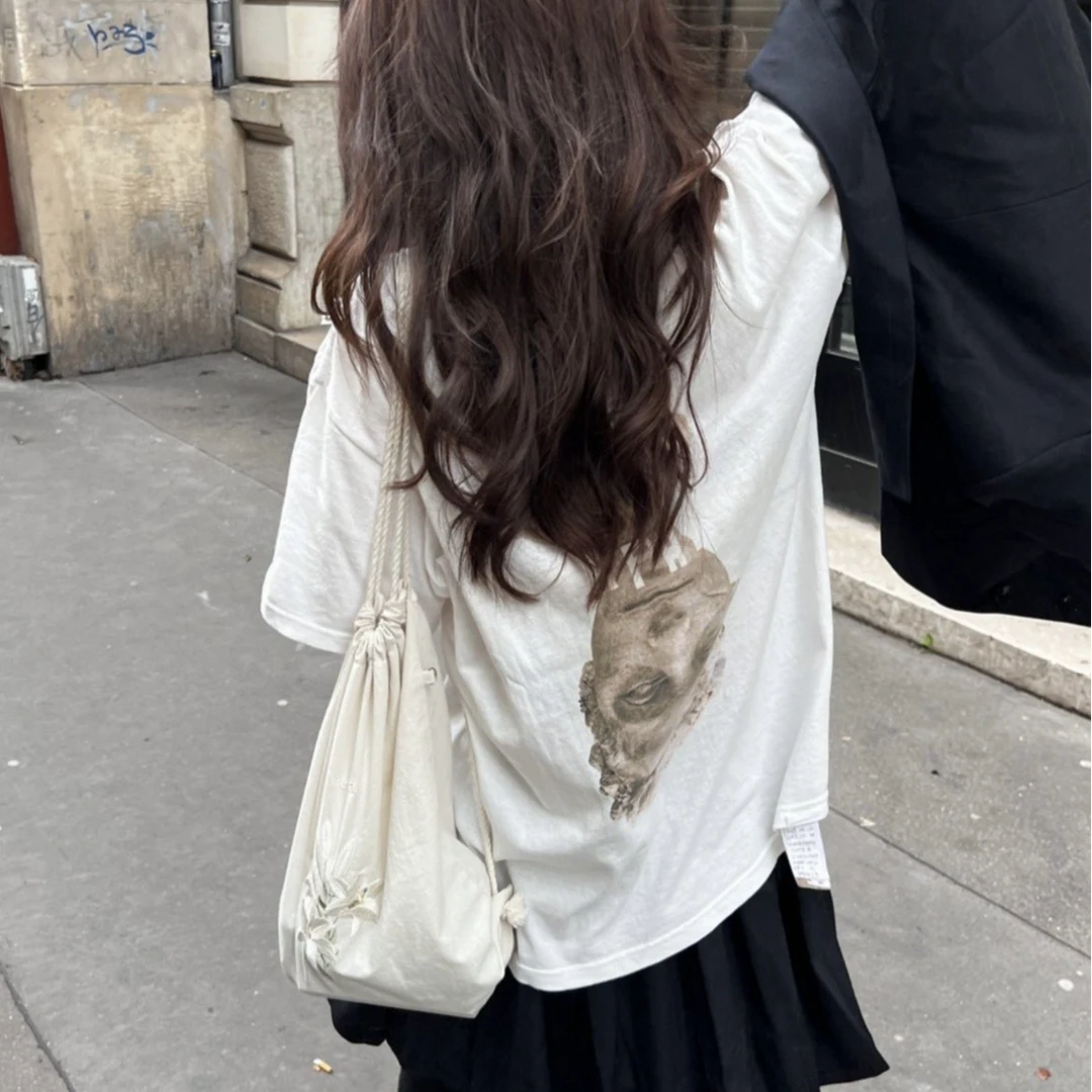 夏季东大门Flet*a古着石膏头像印花棉麻质感宽松上衣短袖T恤女ins