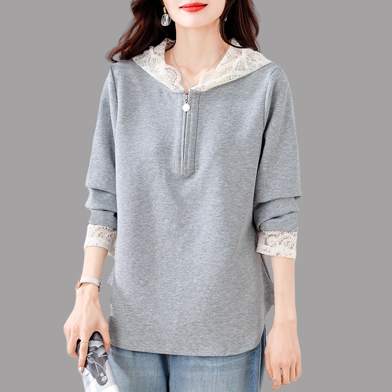 设计感蕾丝拼接连帽卫衣女2025秋季新款时尚减龄宽松显瘦百搭上衣