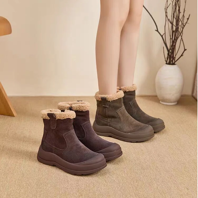 头层牛皮雪地靴加绒保暖女靴冬季新款加毛加厚棉鞋马丁靴侧拉链