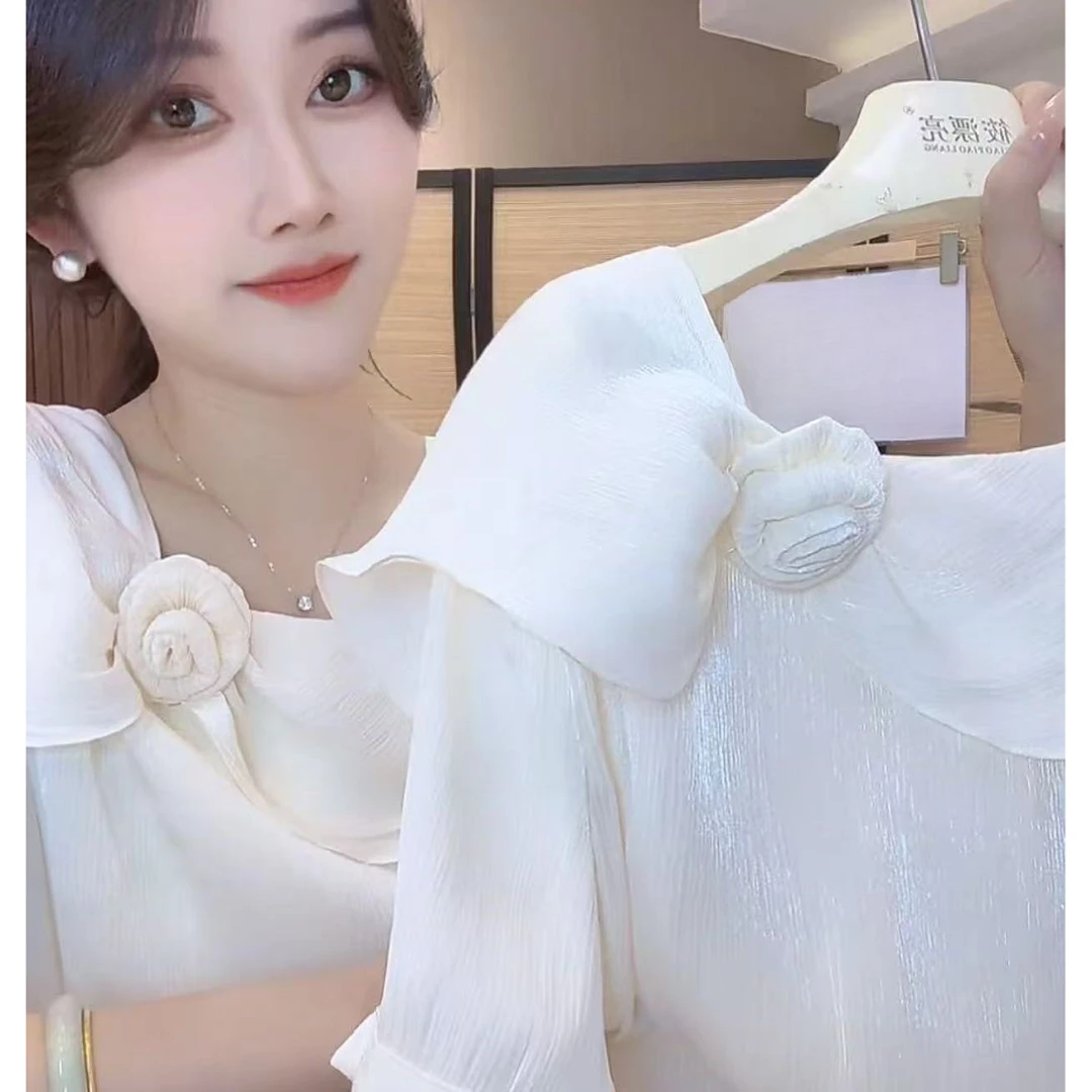 【625】修身显瘦不规则立体花朵纯色套头短袖雪纺衫女夏季