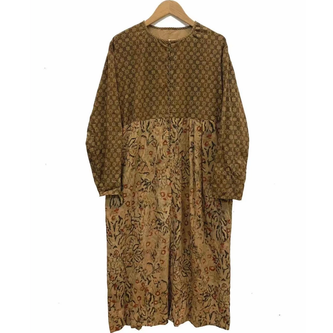 涟香家左岸迷香连衣裙5004拼接圆领套头复古中长款印花秋冬宽松