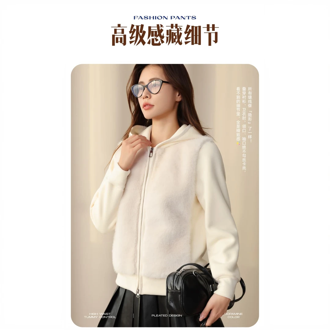 【羊毛蚕丝外套】2025新款秋冬季女士连帽短外套保暖时尚糯米服