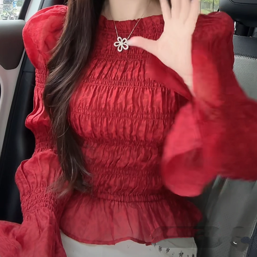 红色气质打缆高弹豹纹泡泡袖上衣20205年新款春季时尚设计感洋气