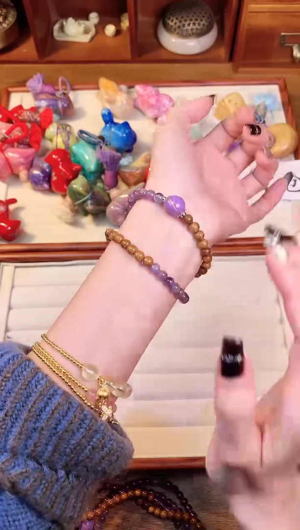 【闪购商品】库克手串未镶嵌狗牙紫水晶搭配大漆珠双圈