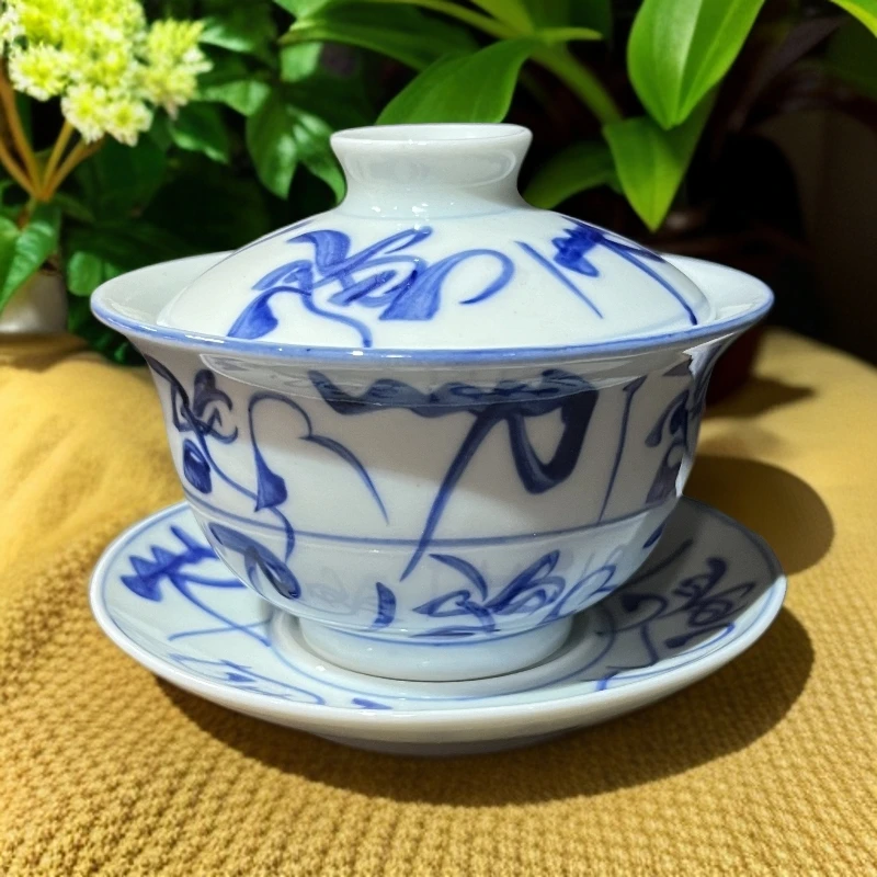 一品德窑柴窑青花刀字三才盖碗