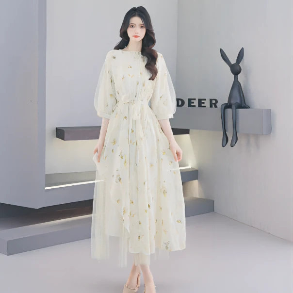 圣迪奥女装圆领休闲时尚百搭碎花气质法式连衣裙S243Z1253