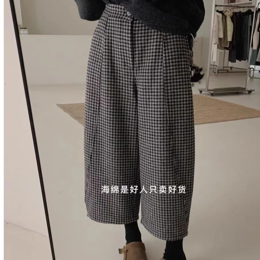 小个子格子休闲裤女春季新款25韩版松紧腰宽松阔腿裤九分裤8800