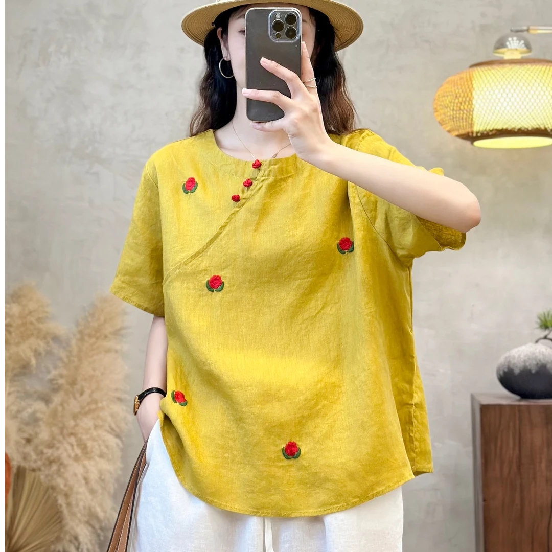重工红花朵刺绣亚麻短袖T恤女2025夏季新款斜襟纽扣百搭显瘦上衣
