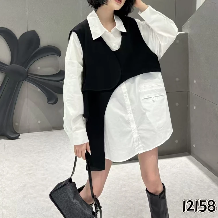 D12158欧货新款设计感不规则马甲衬衫两件套女