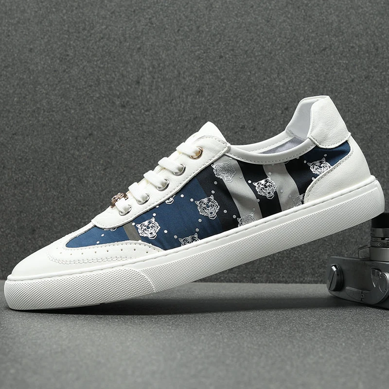 潮牌个性时尚鞋男2025秋季透气皮布拼接休闲鞋轻软底真皮小白鞋男