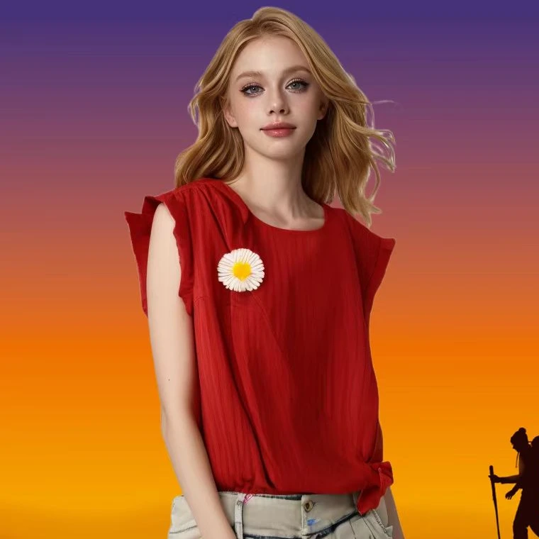 无袖衬衫短款圆领常规款夏季衬衫t恤纯色宽松上衣百搭打底外穿