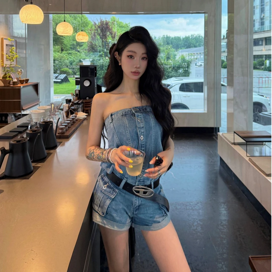 美式辣妹蓝色牛仔短裤女2025夏季新款时尚设计感连体裤连身短裤