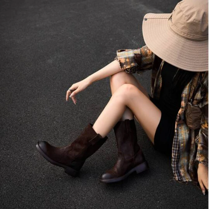 26860真皮棕色复古圆头粗跟西部风格中筒女士秋冬时装靴