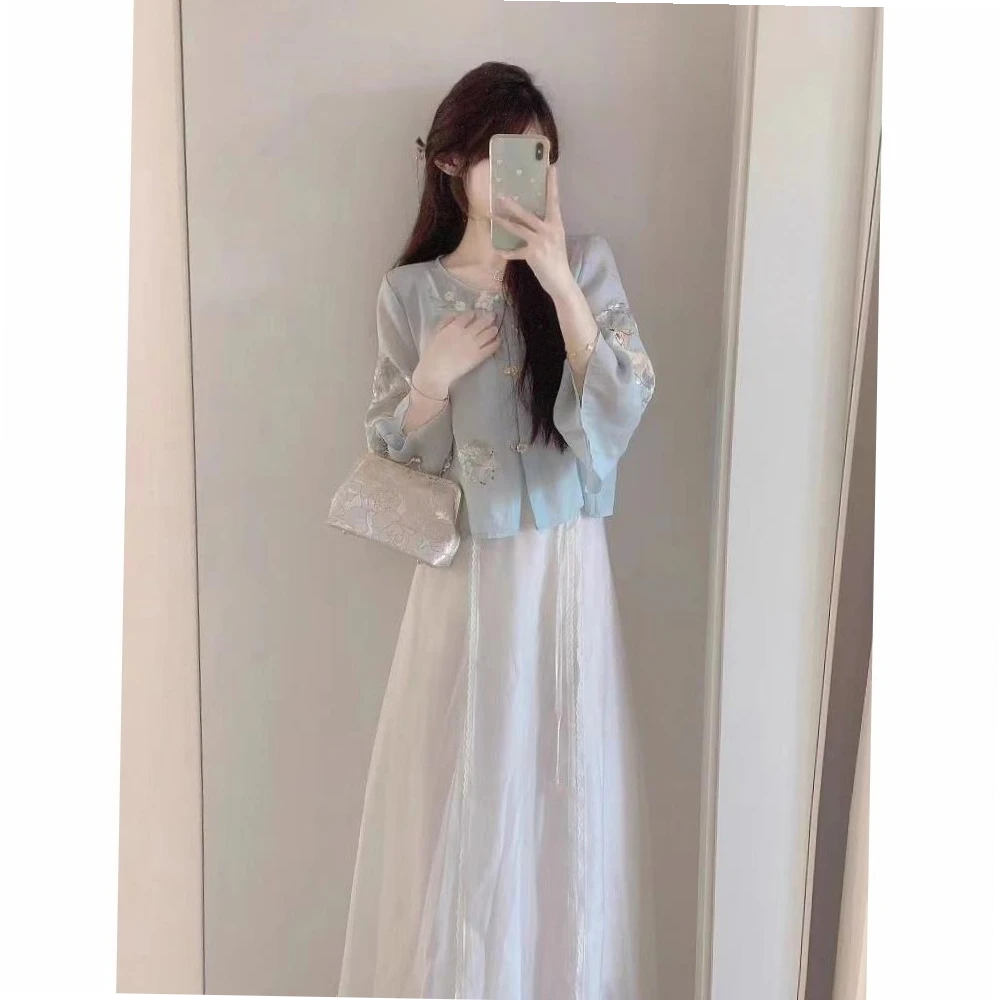 新中式套装女夏季显瘦汉服衬衫上衣超仙半身裙两件套气质复古
