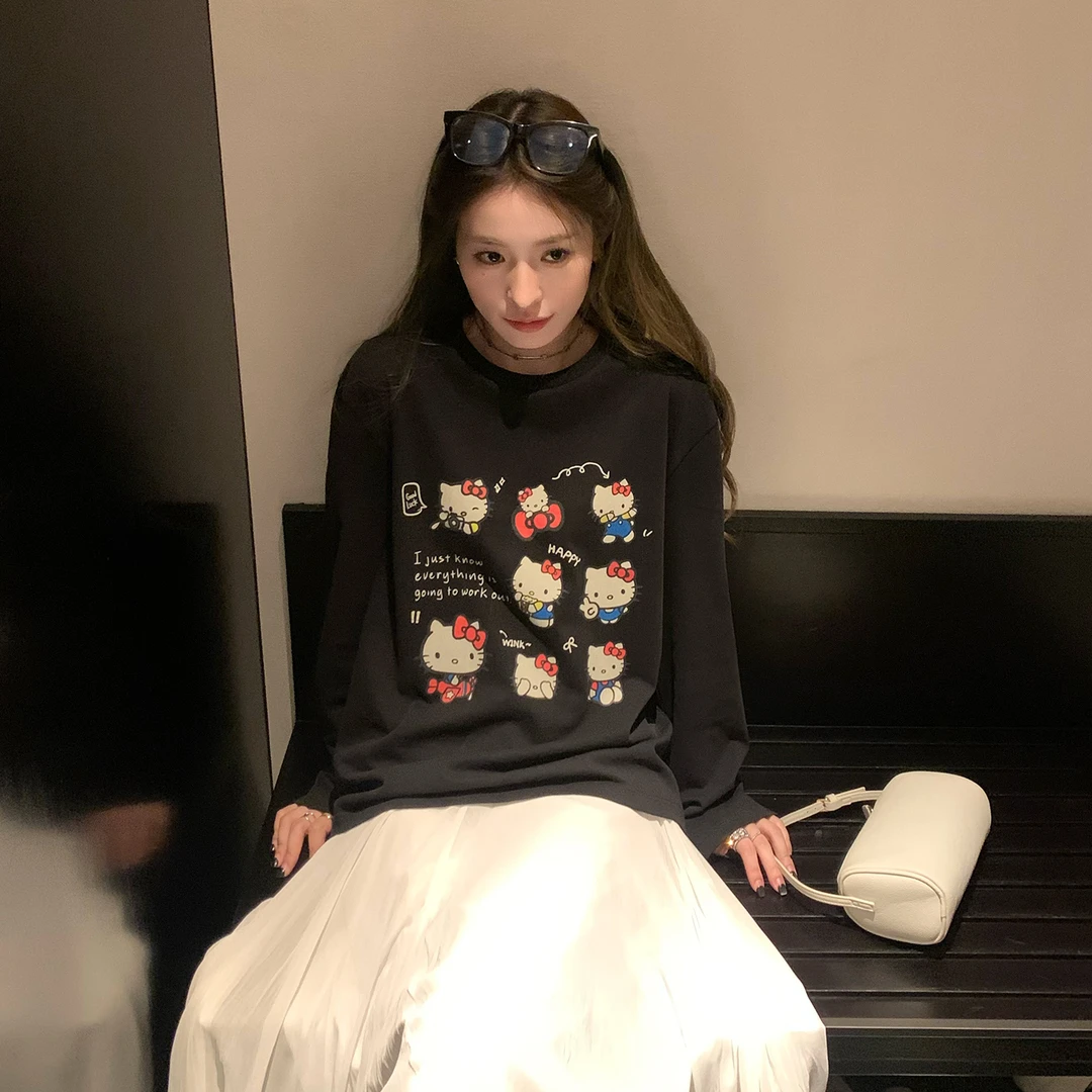黑色可爱卡通猫咪印花长袖t恤女秋季新款宽松显瘦慵懒风圆领上衣N