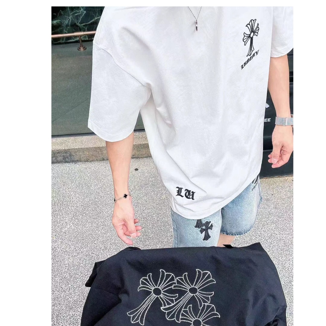 短袖圆领十字架摇滚做旧短袖T恤夏款印花上衣polo