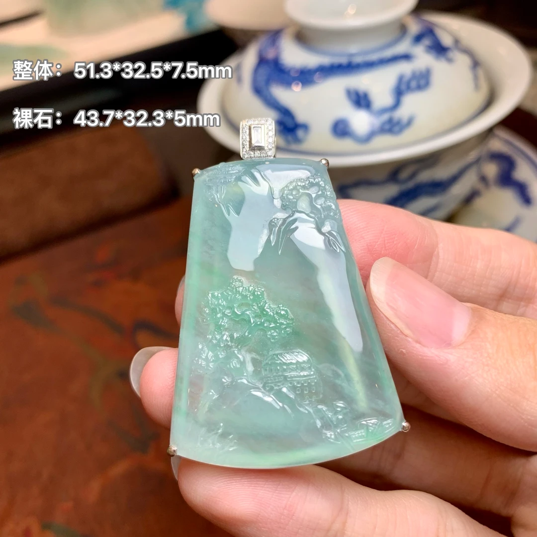 冰胶蓝晴芙蓉底翡翠山水冰透镶嵌镶嵌精雕通透精美