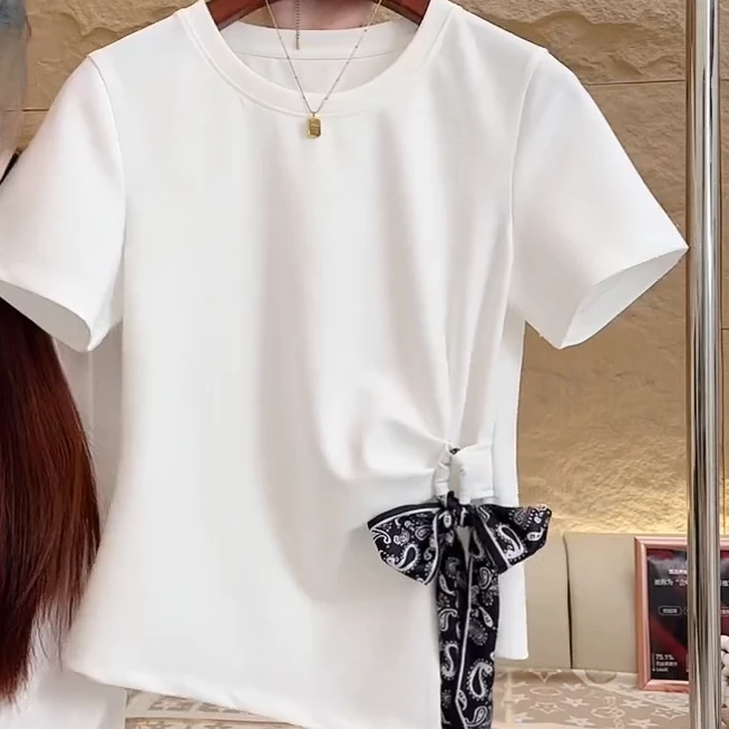 2025夏季时尚气质丝巾绑带收腰褶皱短袖T恤百搭显瘦C5215