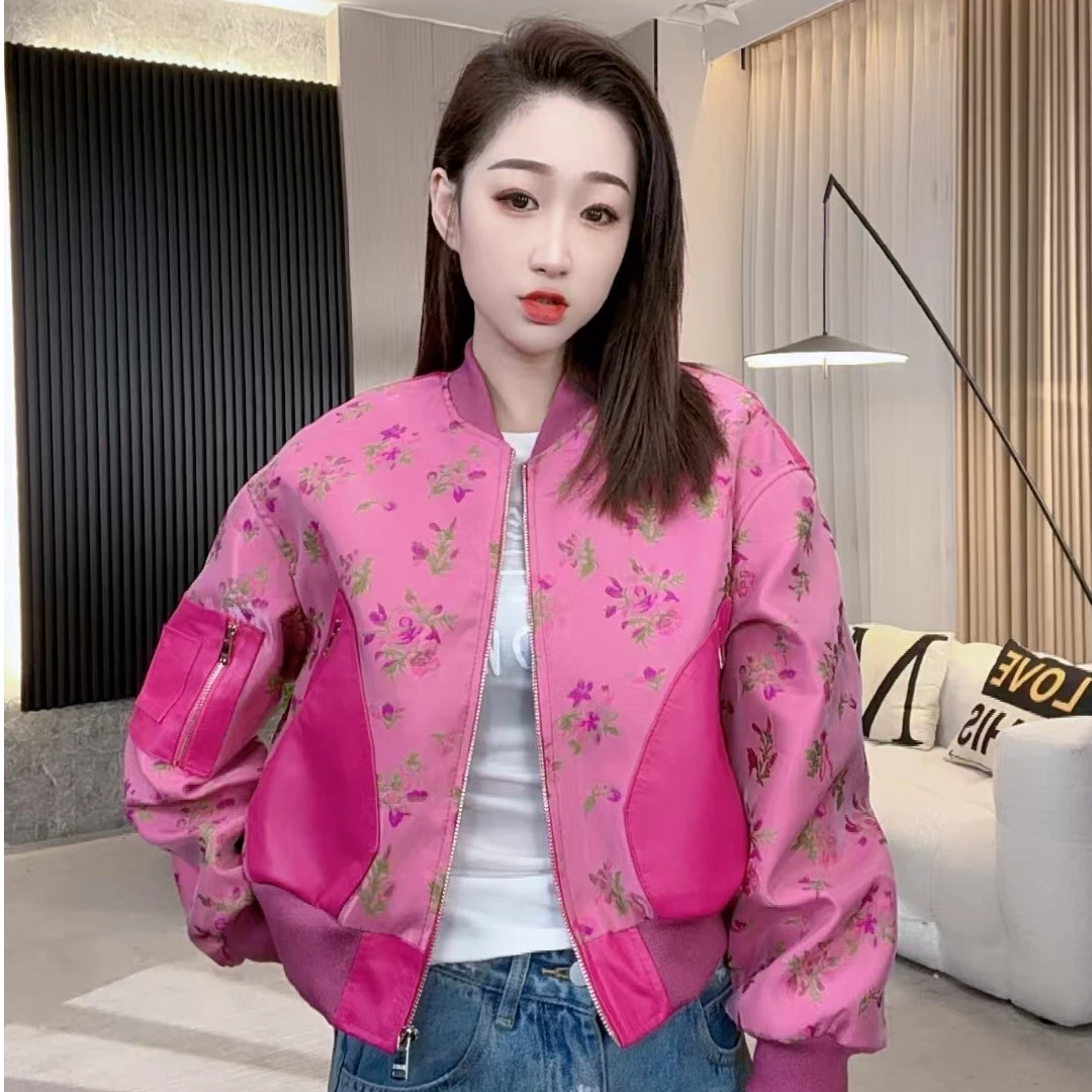 【若楠服饰】玫粉小花棒球服洋气精高定皮衣外套