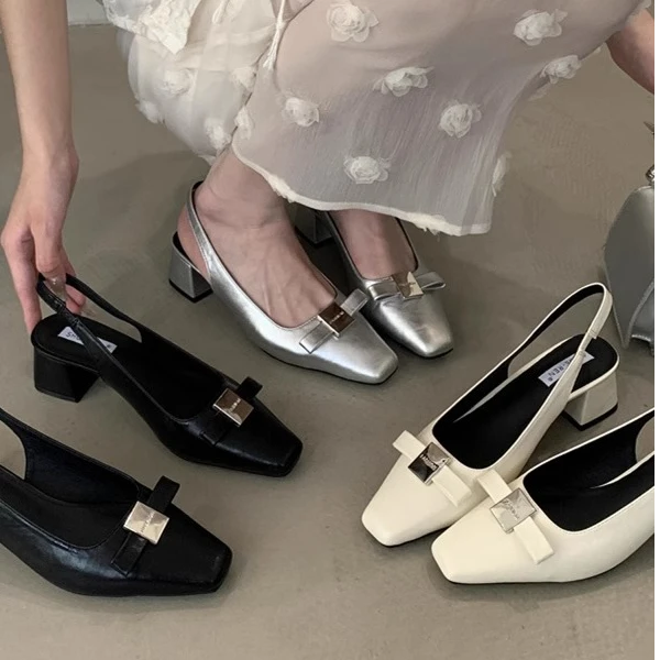 法式尖头后空单鞋包头凉鞋女新款2025春季后绊带粗跟晚晚高跟鞋潮