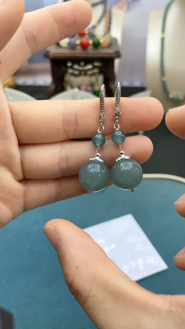 翡翠银S925镶嵌耳饰14mm蓝水双珠