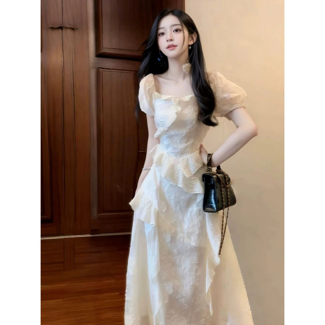 法式别致荷叶边方领泡泡短袖连衣裙女夏季大码胖mm超仙绝美长裙子