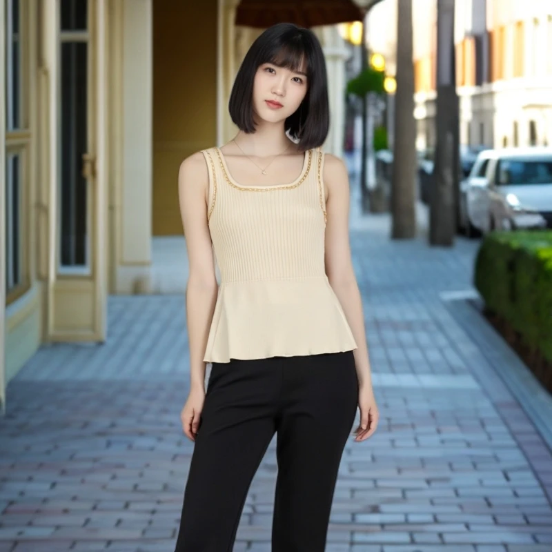 夏大码胖mm冰丝针织吊带背心女通勤无袖西装内搭链条遮肚显瘦法式