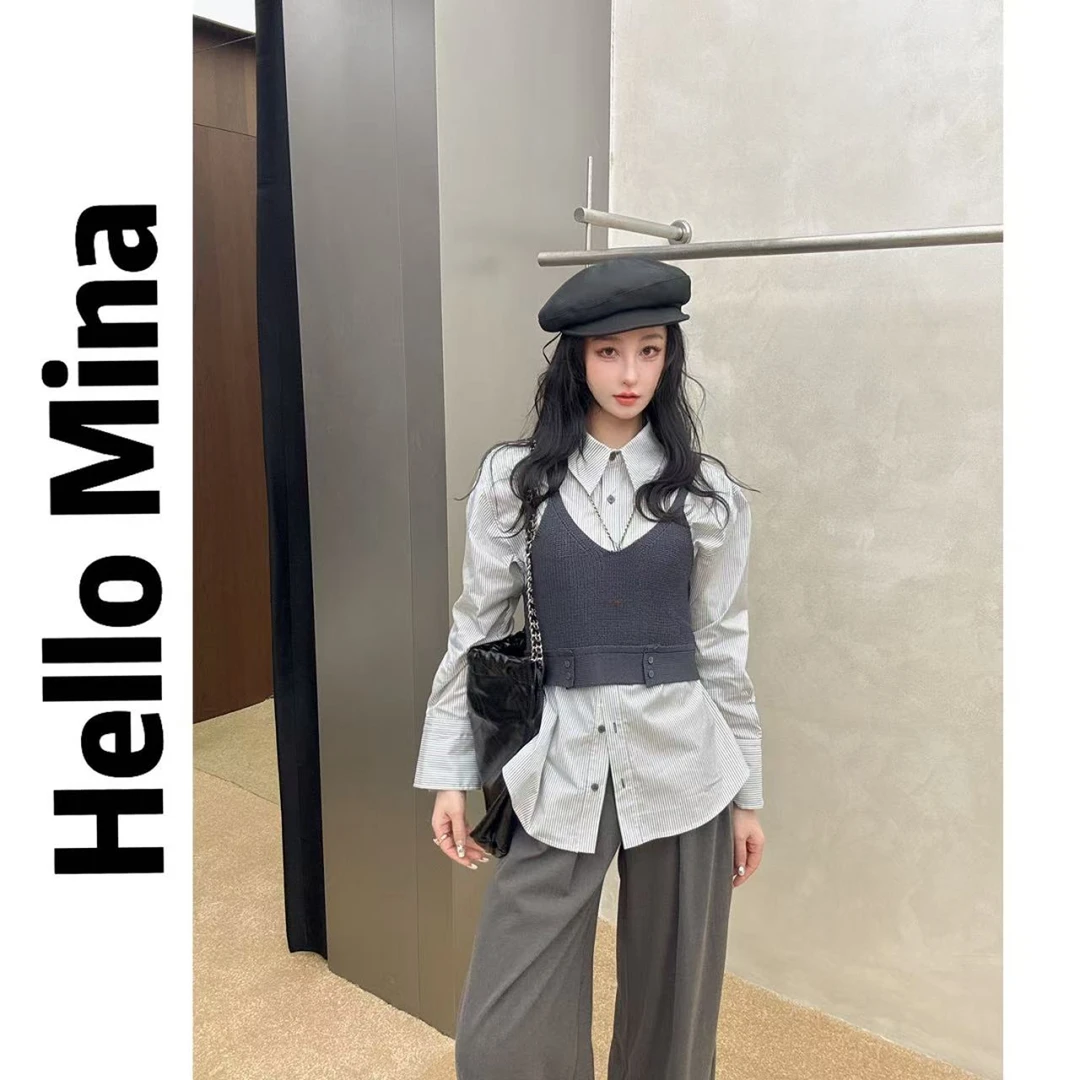 J982韩版针织背心+长袖衬衫时尚百搭两件套套装