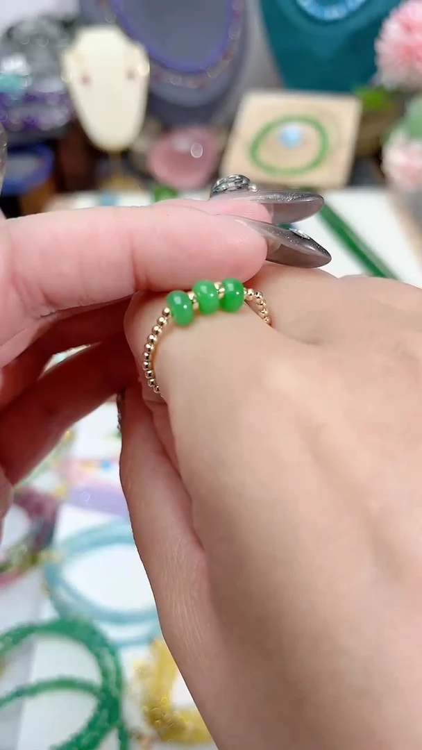 【闪购商品】翡翠戒指14K金镶嵌三生三石39