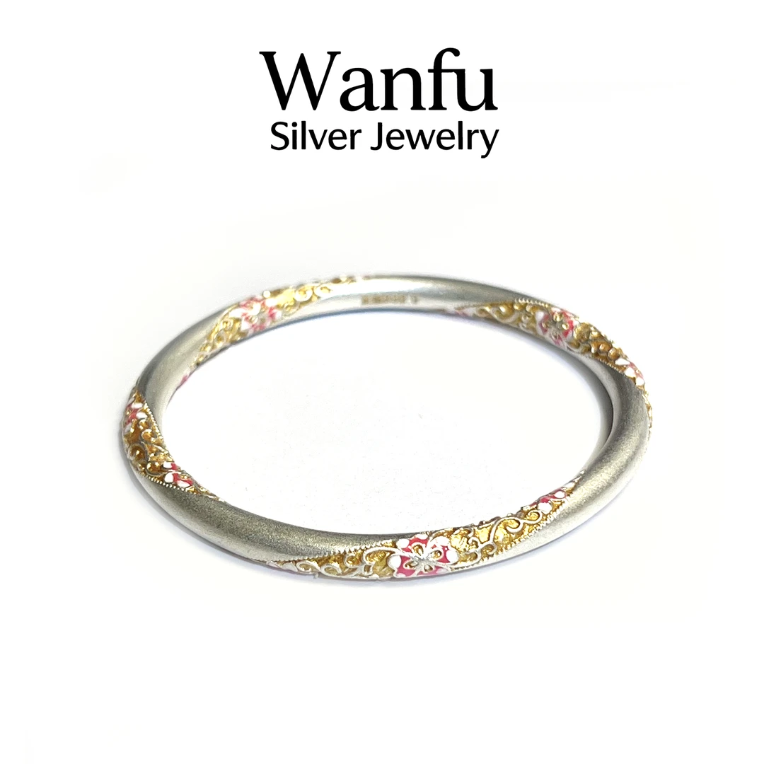 足银手镯 望舒荷纯银手镯新中式国风描金珐琅彩百搭实心闭口镯子