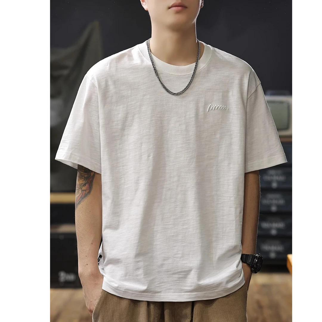 莫安摩萨利竹节棉短袖T恤男2025新款清爽透气白色半袖衫男士衣服