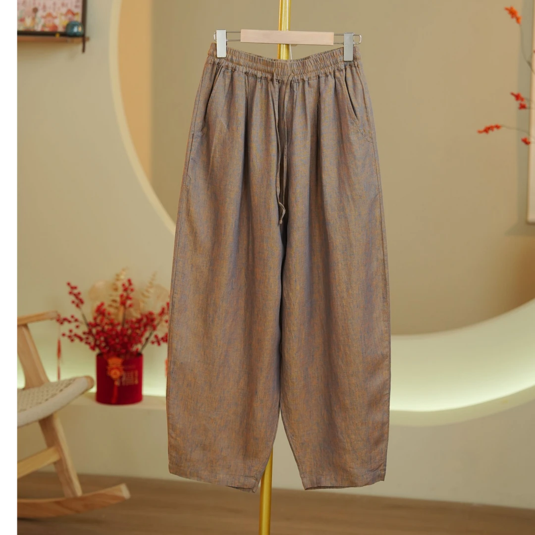 夏季{炫彩色高定色织汉亚麻}休闲时尚小脚裤