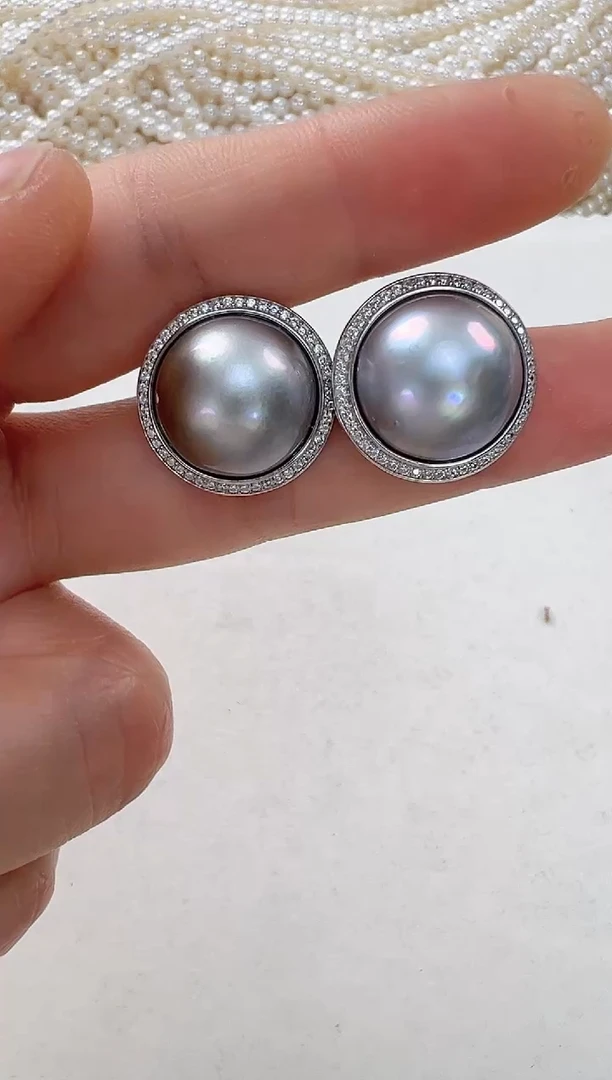 【闪购商品】拼合珍珠（马贝珠）耳饰银S925镶嵌灰色太阳花