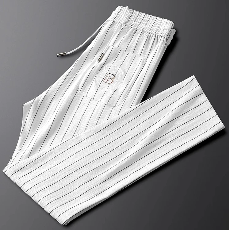 怀勤桑顿白色条纹运动裤男夏季修身小直筒薄款透气休闲裤男士长裤