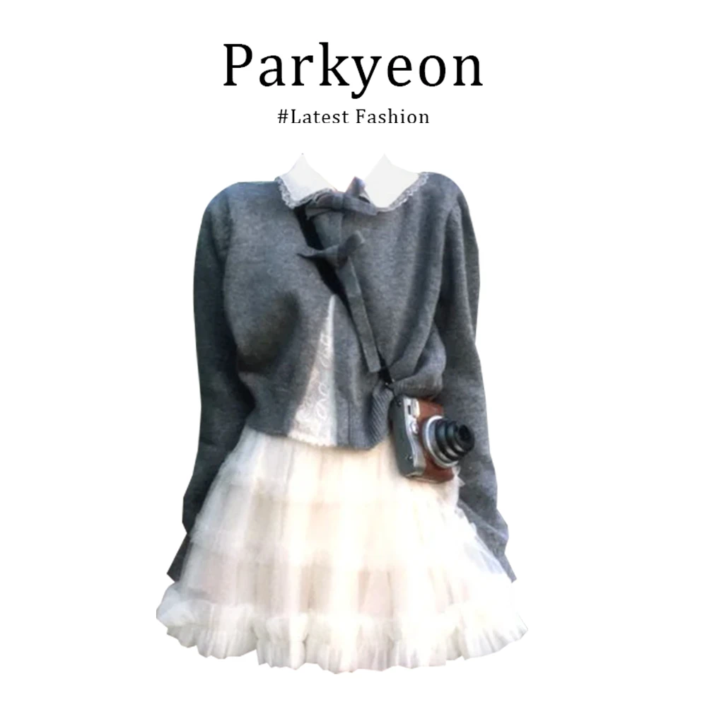 INS CEC蝴蝶结蕾丝拼接假两件针织上衣女2025秋网纱半身裙两件套