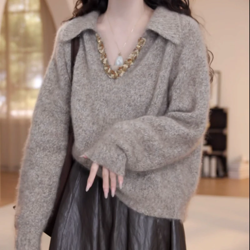 新款早秋纯色polo翻领V领开衫毛衣长袖LK2506607