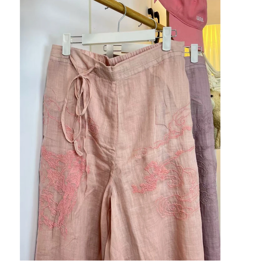 100纯苎麻双层阔腿裤松紧腰系带新中式重工刺绣夏季版