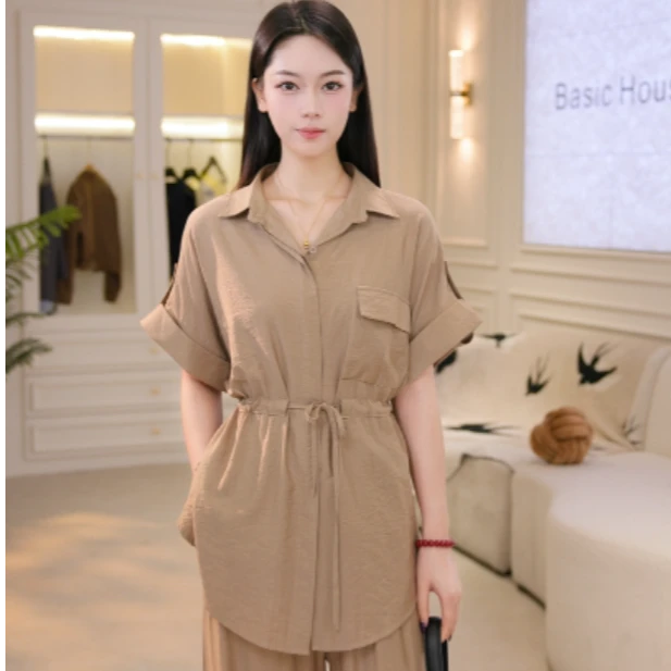 Basic House/百家好CSM新款时尚翻领系带收腰衬衣高腰阔腿裤套装