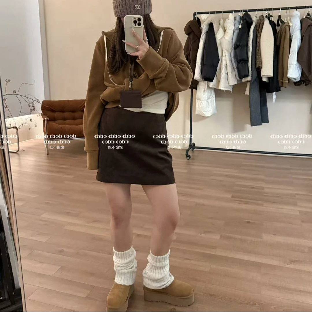 【吃不饱饱】大码 超绝版型 秋冬棕色半身裙高腰A字短裙5630